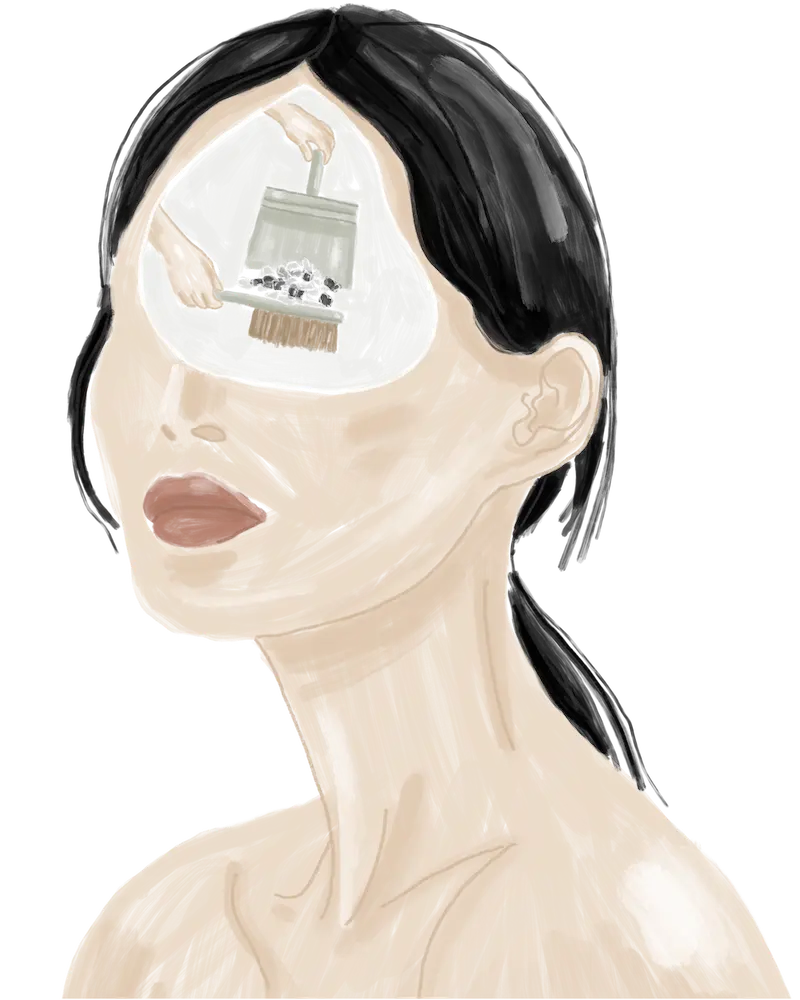 Gezeichnete Darstellung einer Frau mit schwarzen Haaren, in deren Kopf die Emotionen mit einem Besen und Schaufel aufgeräumt werden